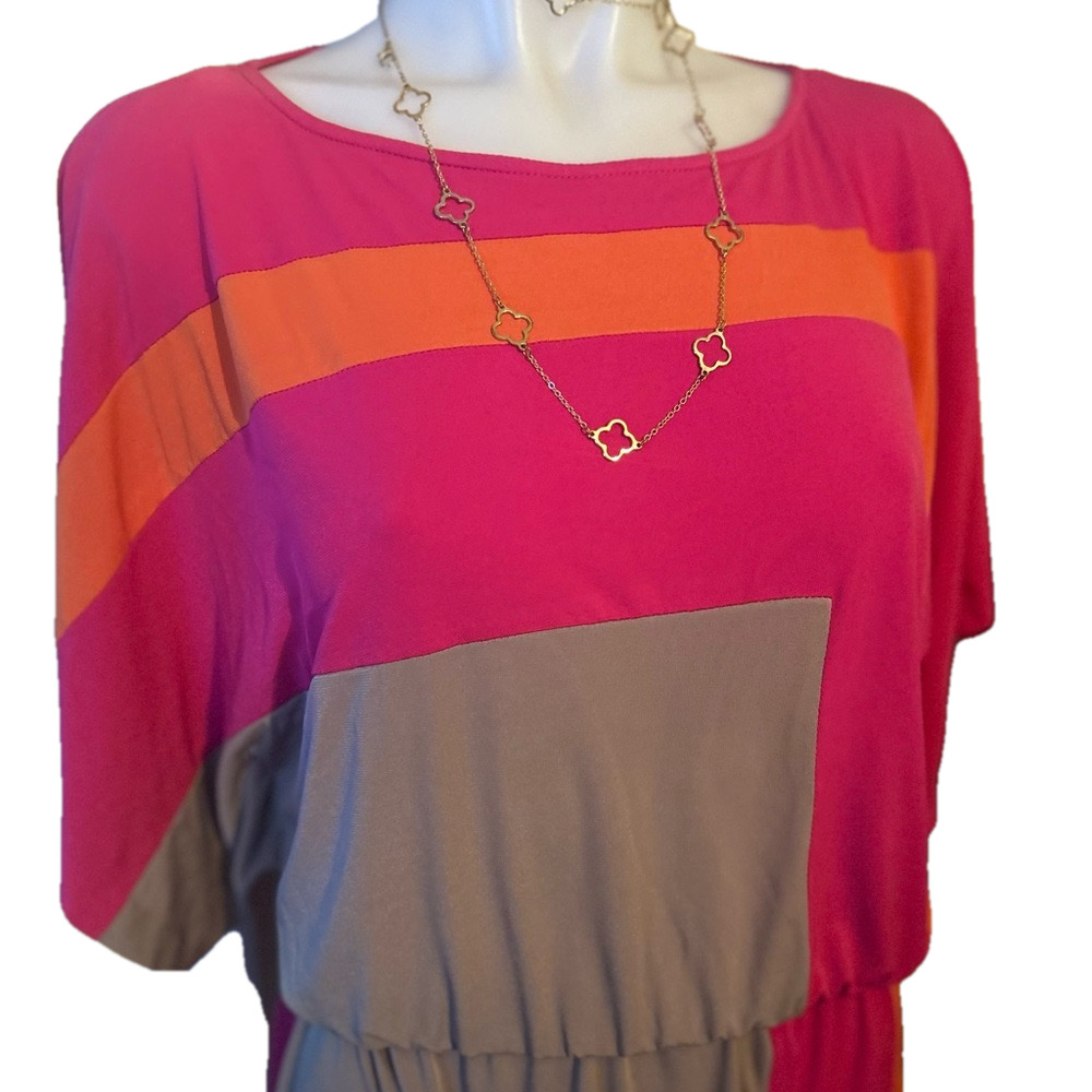🍀 3 for $20 Suzi Chen Short Sleeve Dress Colorblock Hot Pink Orange Batwing - Picture 3 of 12